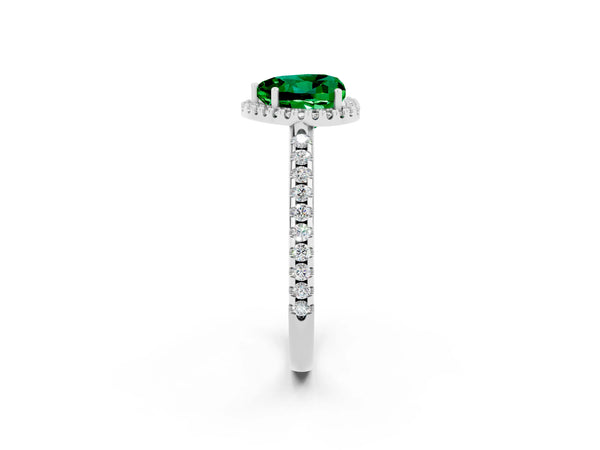 Silver Heart Cut Emerald Pavé Halo Ring with Four-Prong Setting