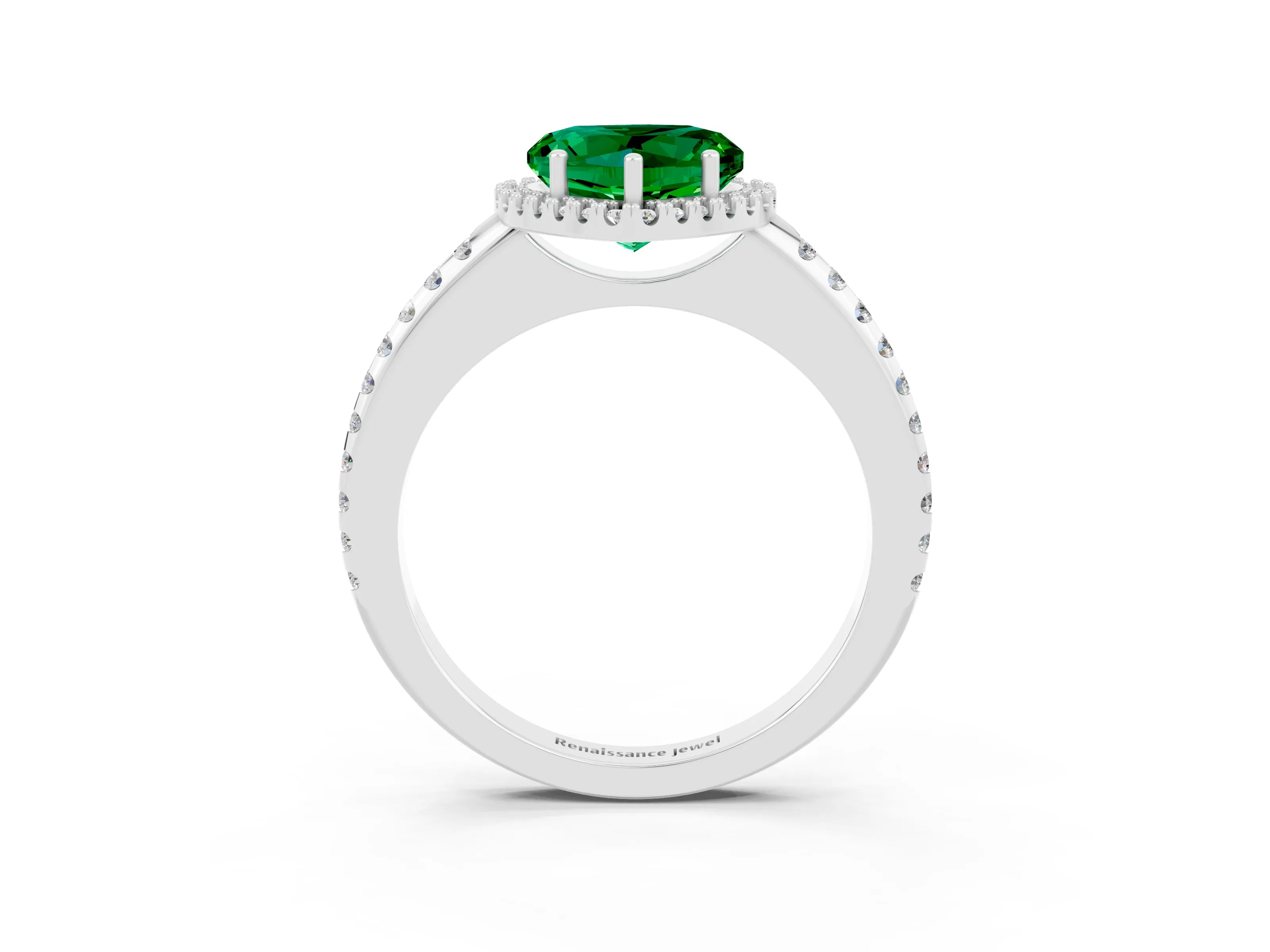 White gold Heart Cut Emerald Pavé Halo Ring with Four-Prong Setting_15