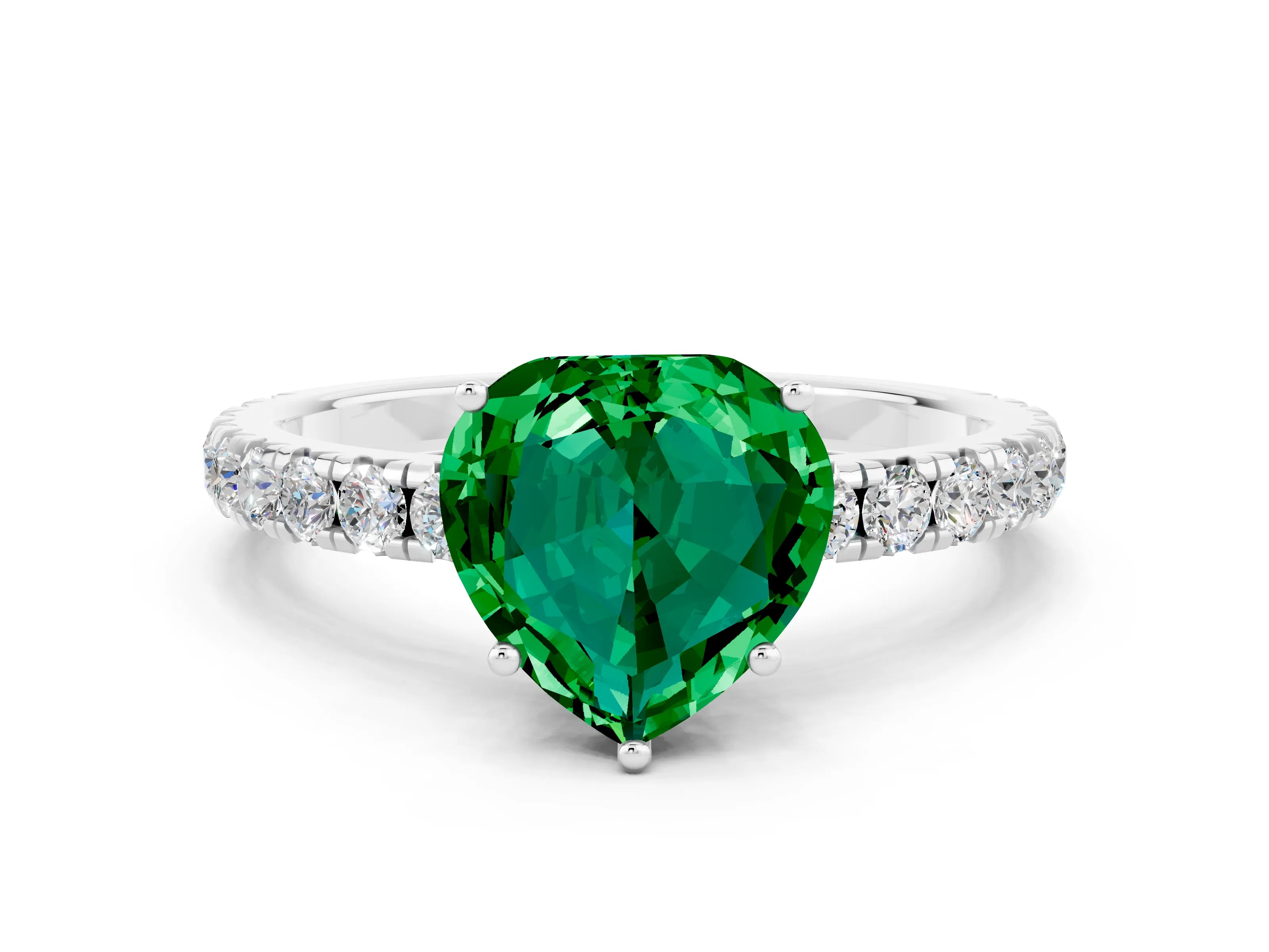 White gold Heart Cut Emerald Pavé Solitaire Engagement Ring with Four-Prong Setting_12
