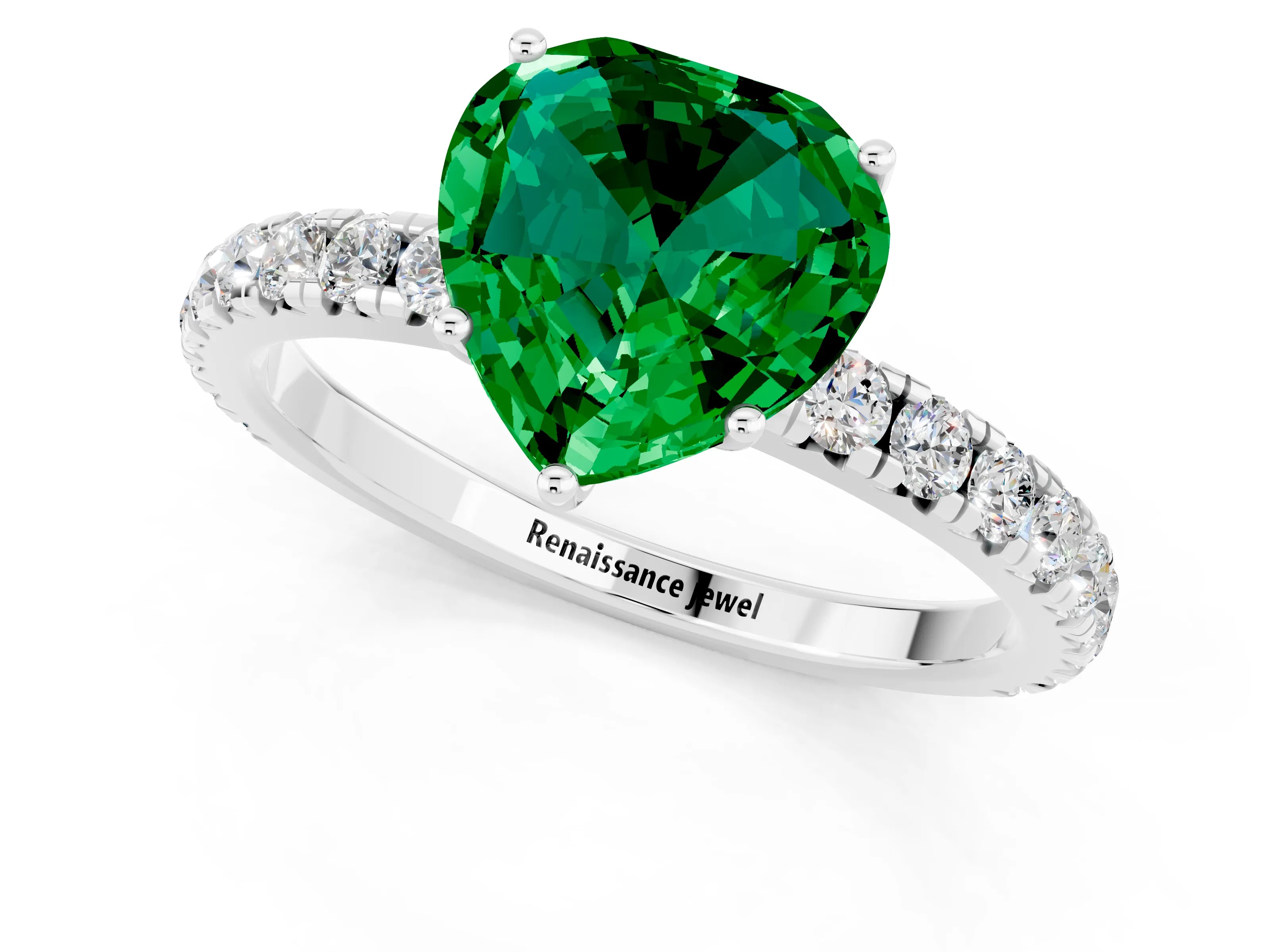 White gold Heart Cut Emerald Pavé Solitaire Engagement Ring with Four-Prong Setting_13