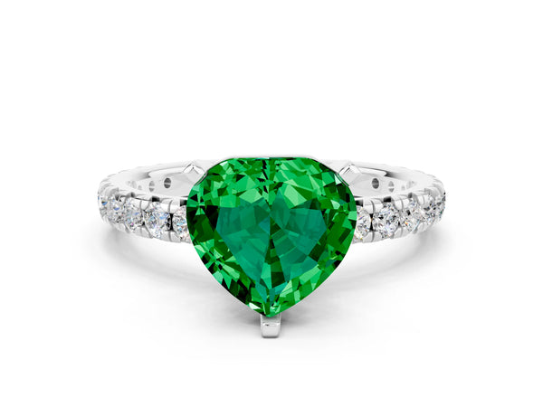 Platinum Heart Cut Emerald Pavé Solitaire Ring with Round Band and Prong Setting