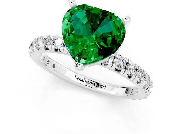 Silver Heart Cut Emerald Pavé Solitaire Ring with Round Band and Prong Setting