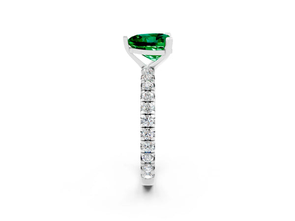 Platinum Heart Cut Emerald Pavé Solitaire Ring with Round Band and Prong Setting