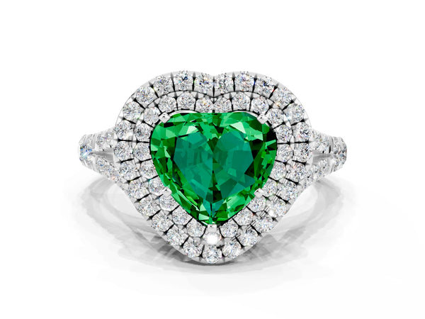 Platinum Heart Cut Emerald Pavé Split Shank Double Halo Engagement Ring