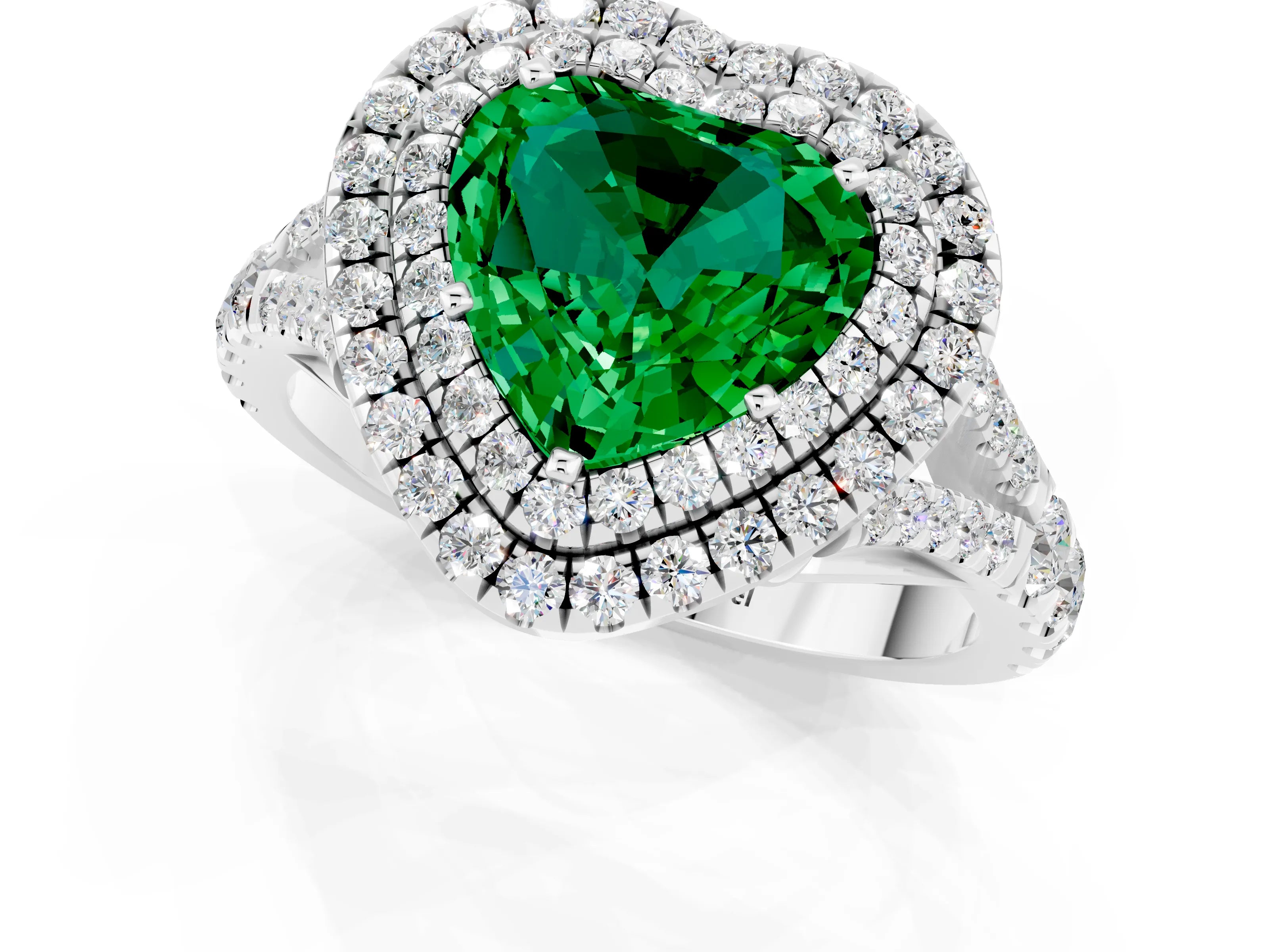 White gold Heart Cut Emerald Pavé Split Shank Double Halo Engagement Ring_1