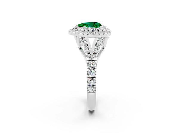 White gold Heart Cut Emerald Pavé Split Shank Double Halo Engagement Ring