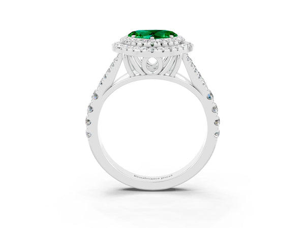 Platinum Heart Cut Emerald Pavé Split Shank Double Halo Engagement Ring