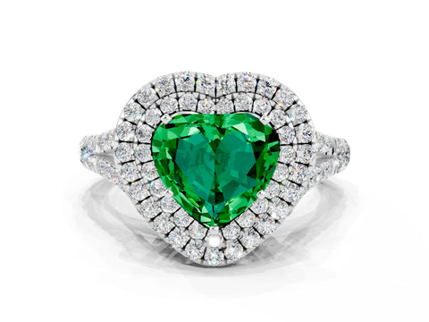 White gold Heart Cut Emerald Pavé Split Shank Double Halo Engagement Ring