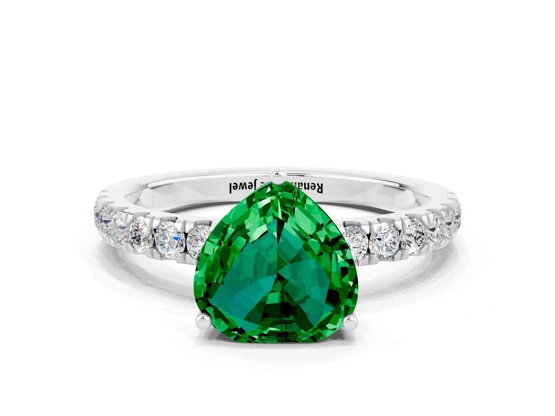 White gold Heart Cut Emerald Pave Band Solitaire Ring with Four-Prong Setting_24