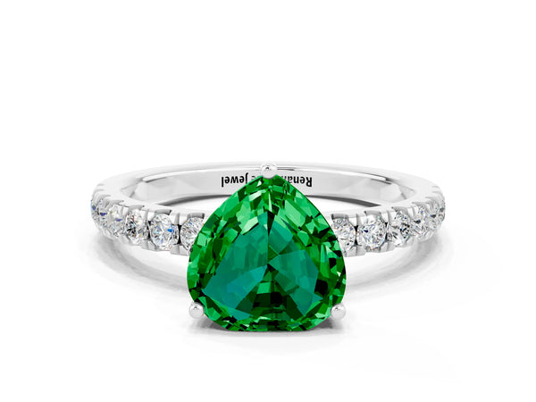 White gold Heart Cut Emerald Pave Band Solitaire Ring with Round  and Prong Setting