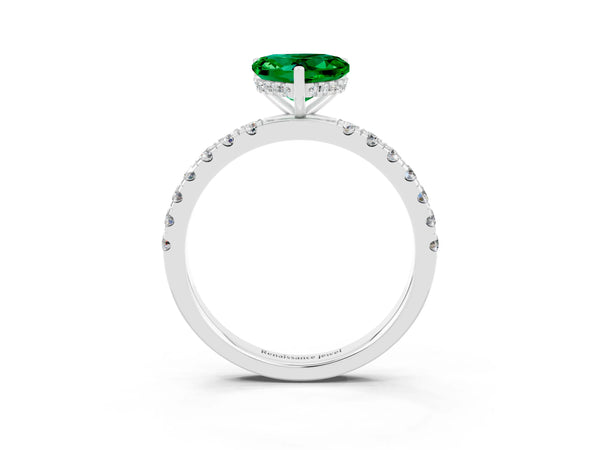 White gold Heart Cut Emerald Pave Band Solitaire Ring with Round  and Prong Setting