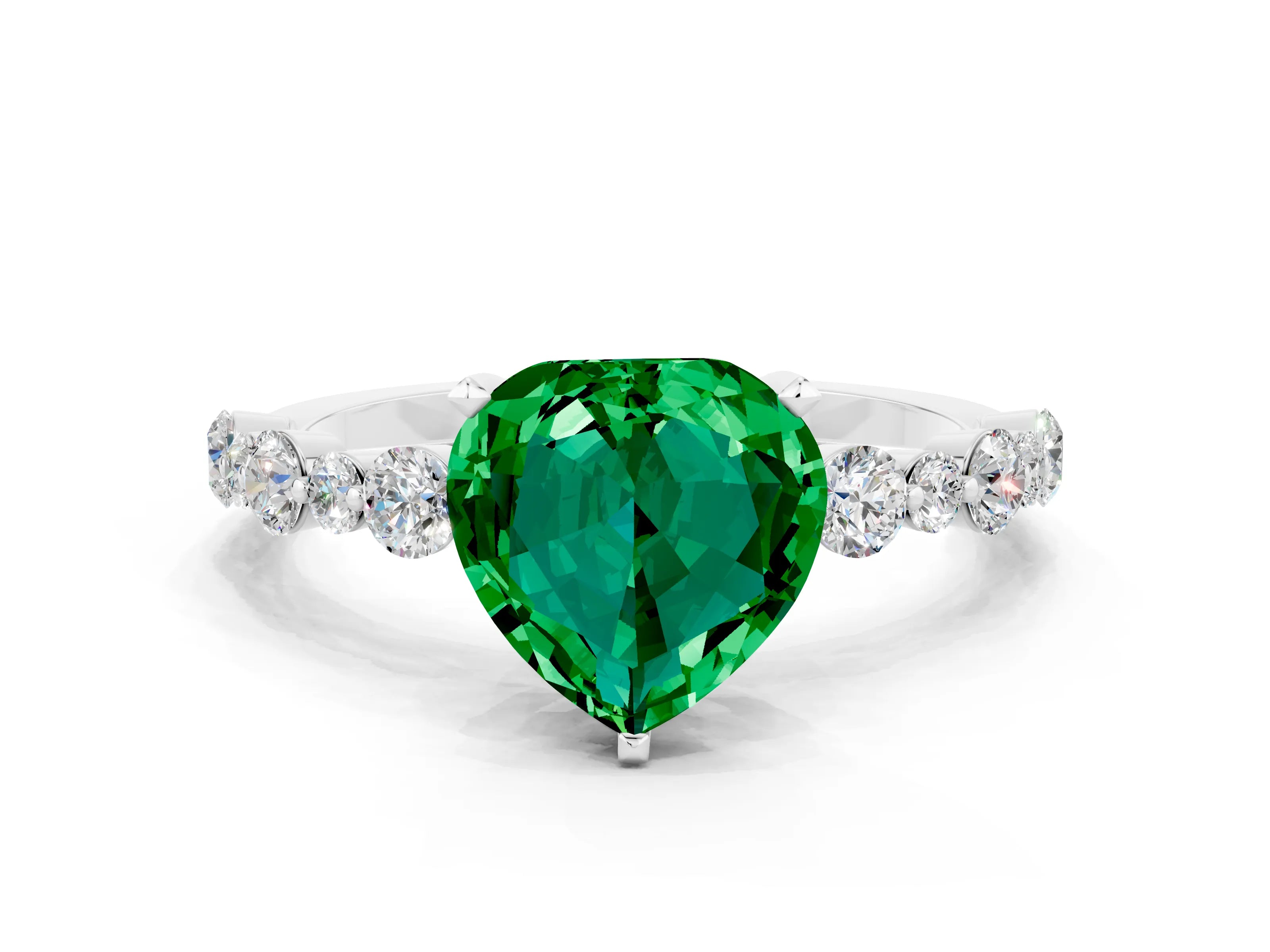 White gold Heart Cut Emerald Prong Set Engagement Ring with Pavé Band