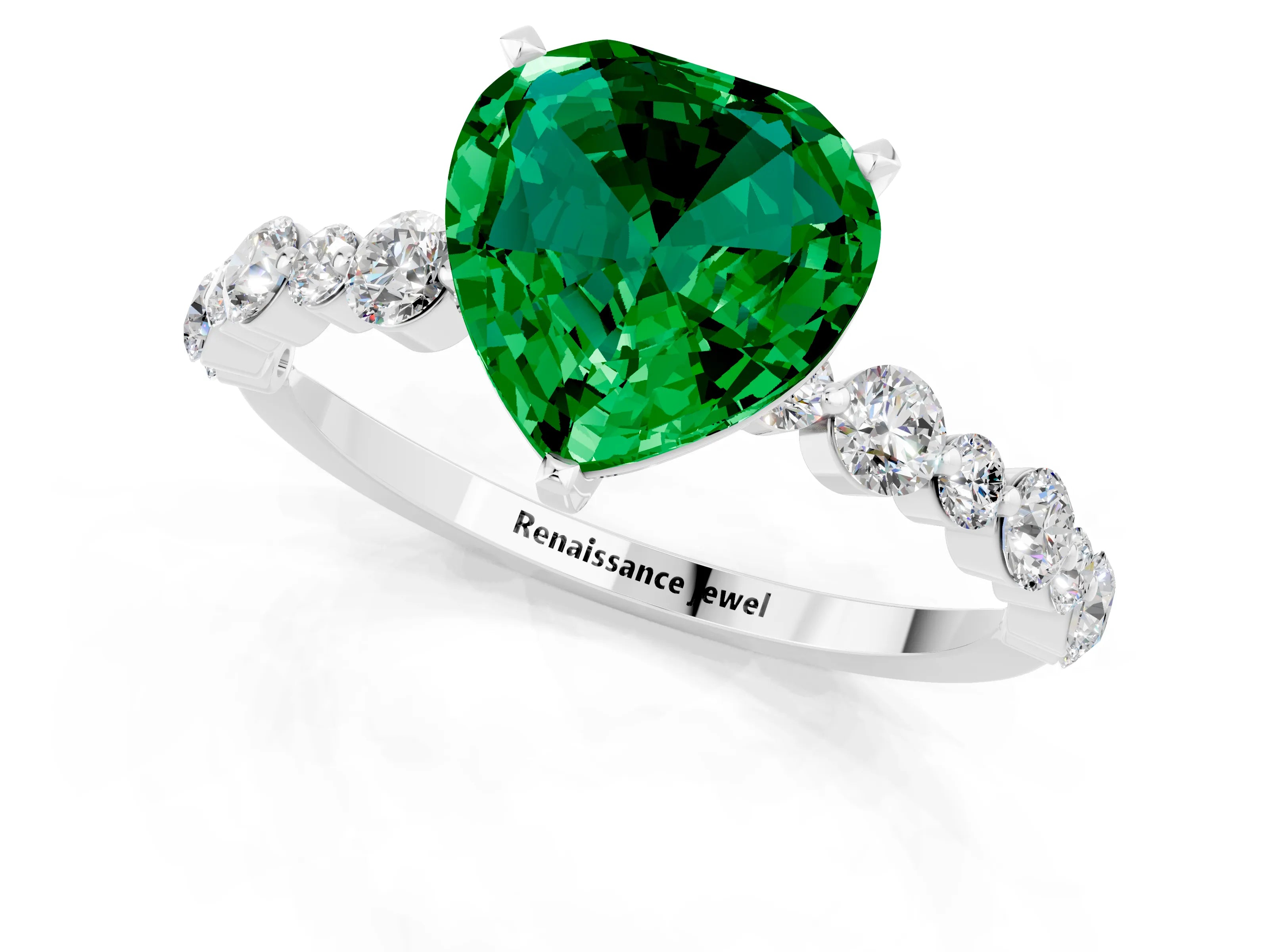 White gold Heart Cut Emerald Prong Set Engagement Ring with Pavé Band_1