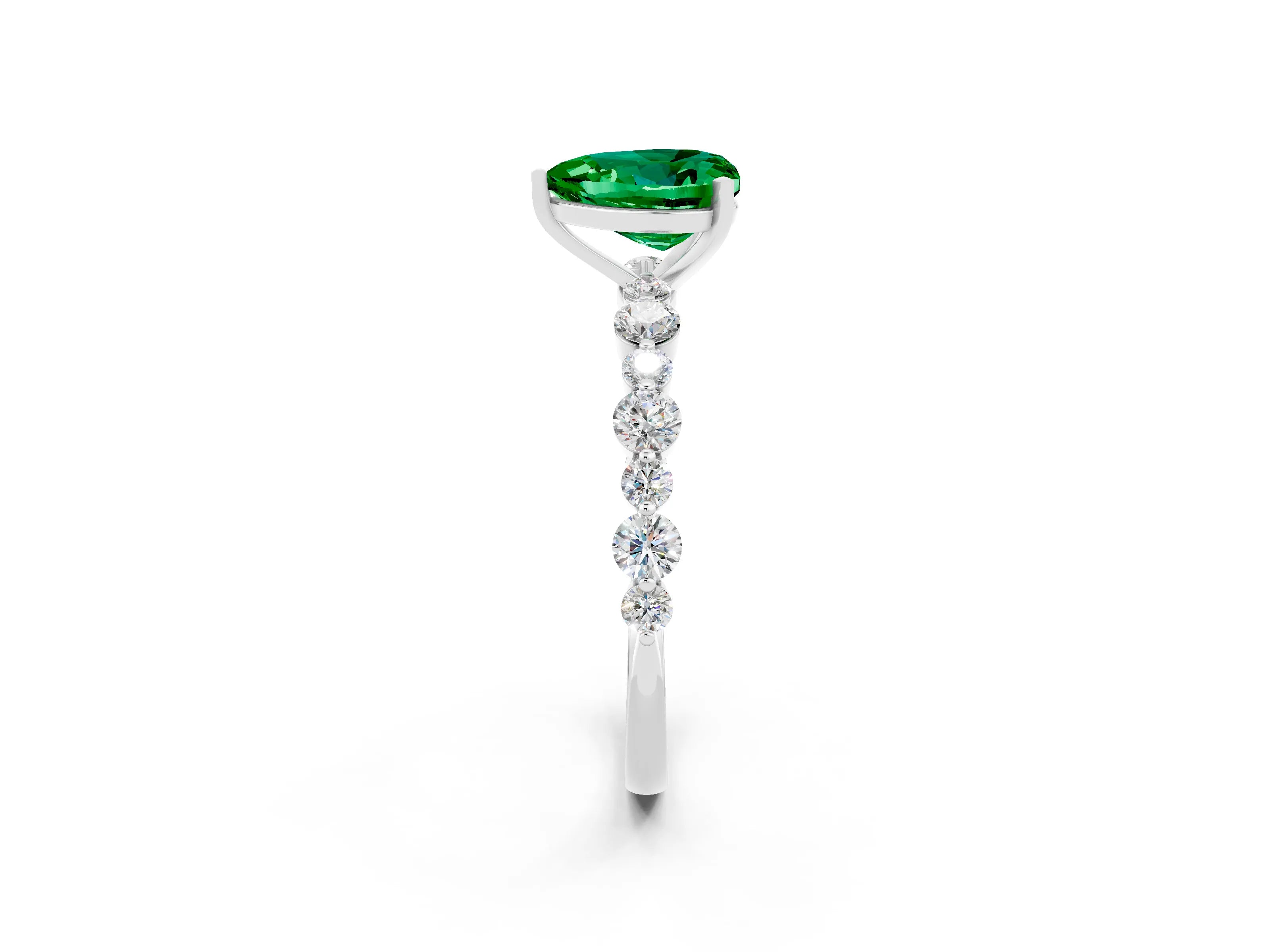 White gold Heart Cut Emerald Prong Set Engagement Ring with Pavé Band_2