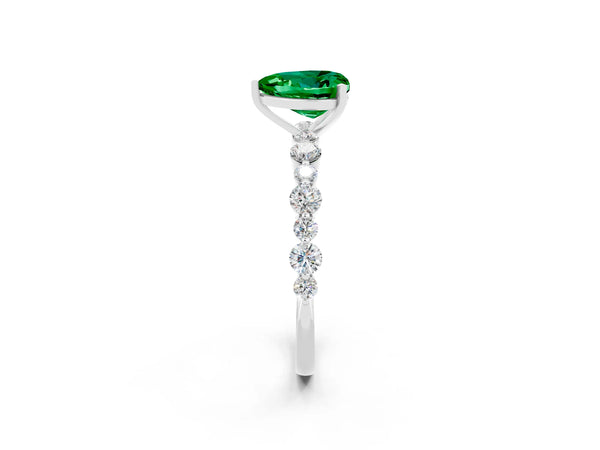 Silver Heart Cut Emerald Prong Set Engagement Ring with Pavé Band