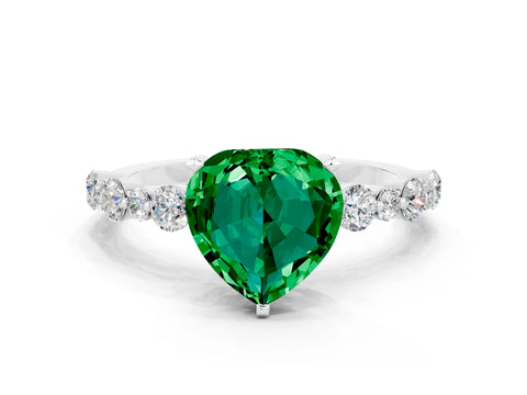 White gold Heart Cut Emerald Prong Set Engagement Ring with Pavé Band