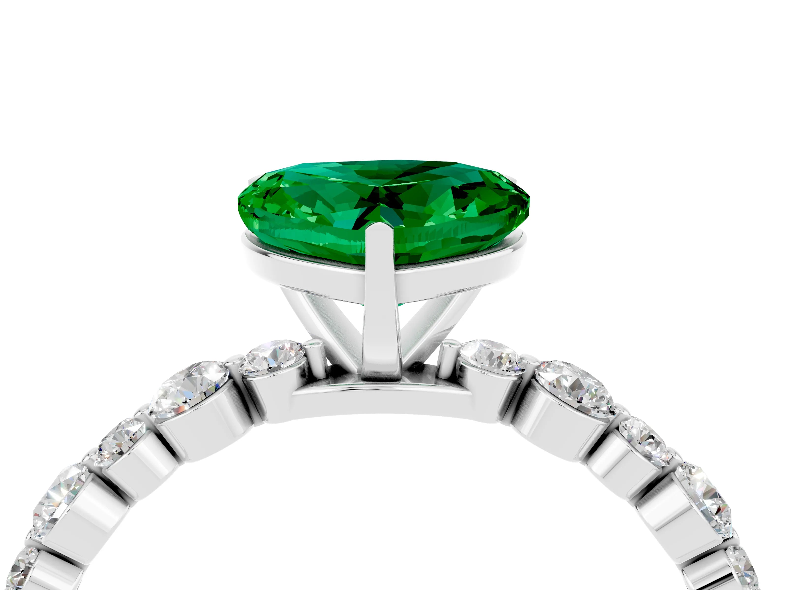 White gold Heart Cut Emerald Prong Set Engagement Ring with Pavé Band_4