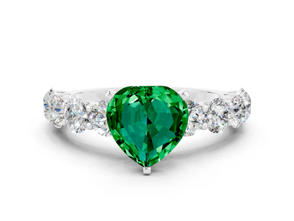 Platinum Heart Cut Emerald Prong Setting with Side Stones on a Pave Band