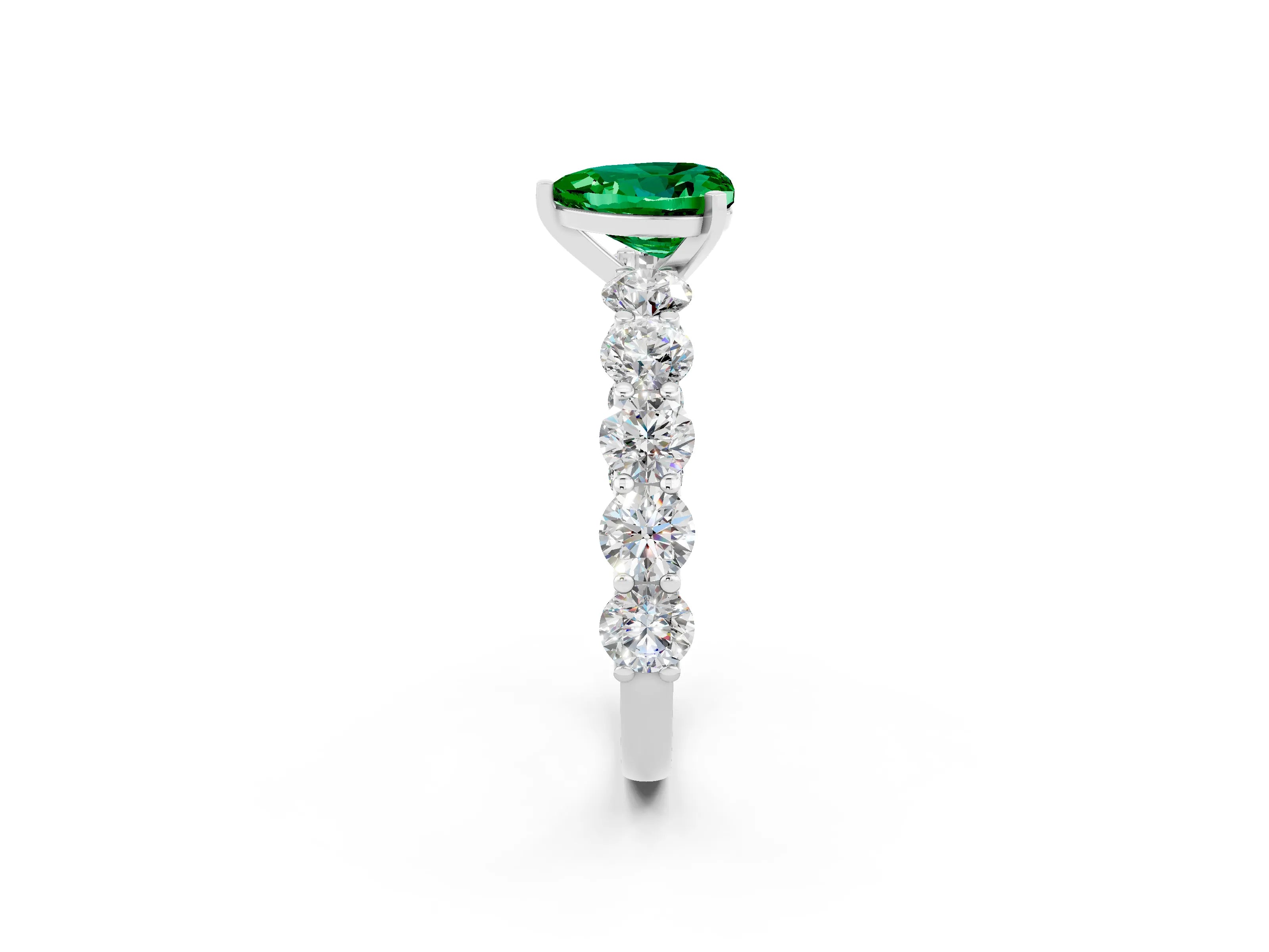 White gold Heart Cut Emerald Prong Setting with Side Stones on a Pave Band_2