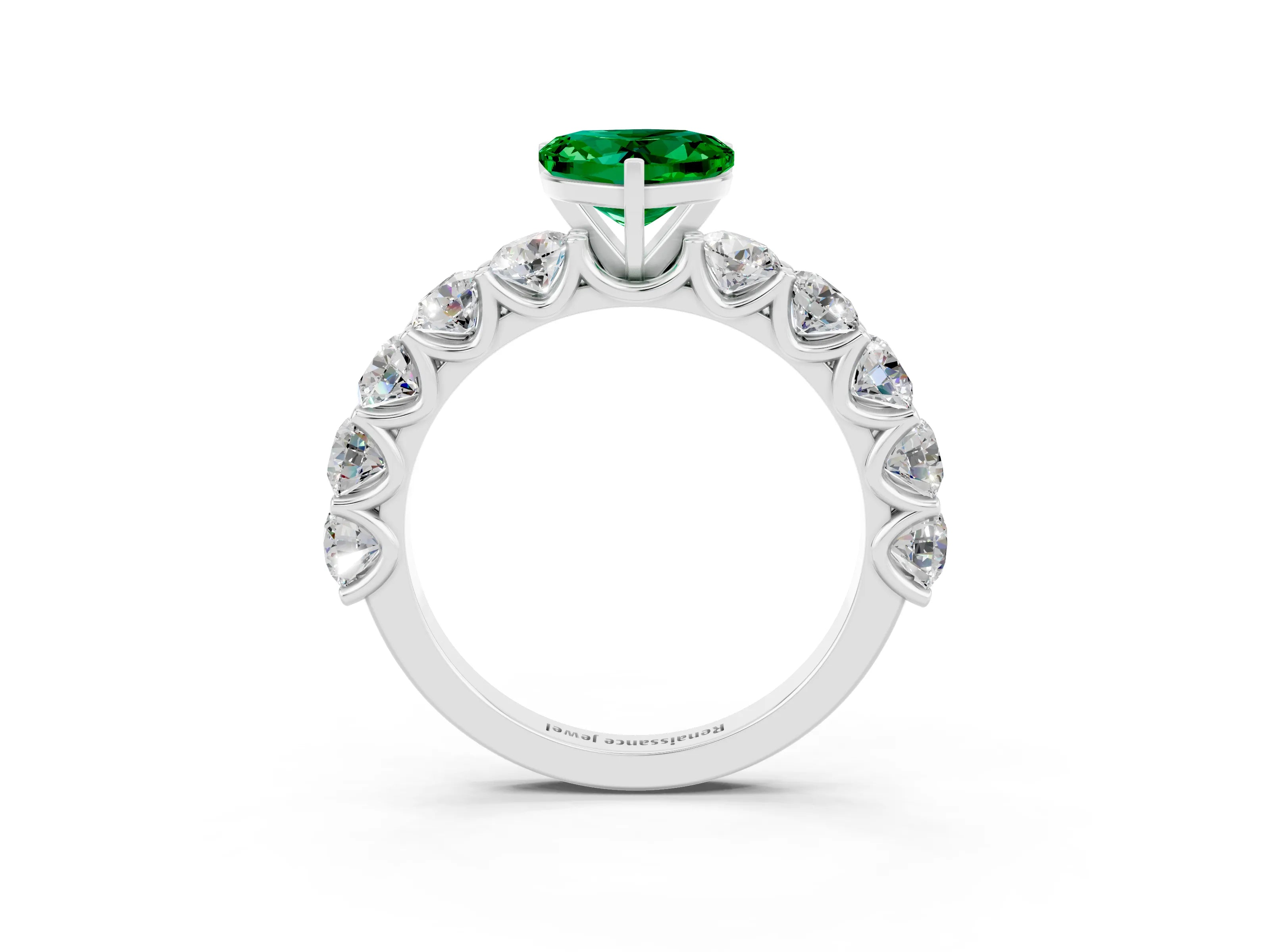 White gold Heart Cut Emerald Prong Setting with Side Stones on a Pave Band_3