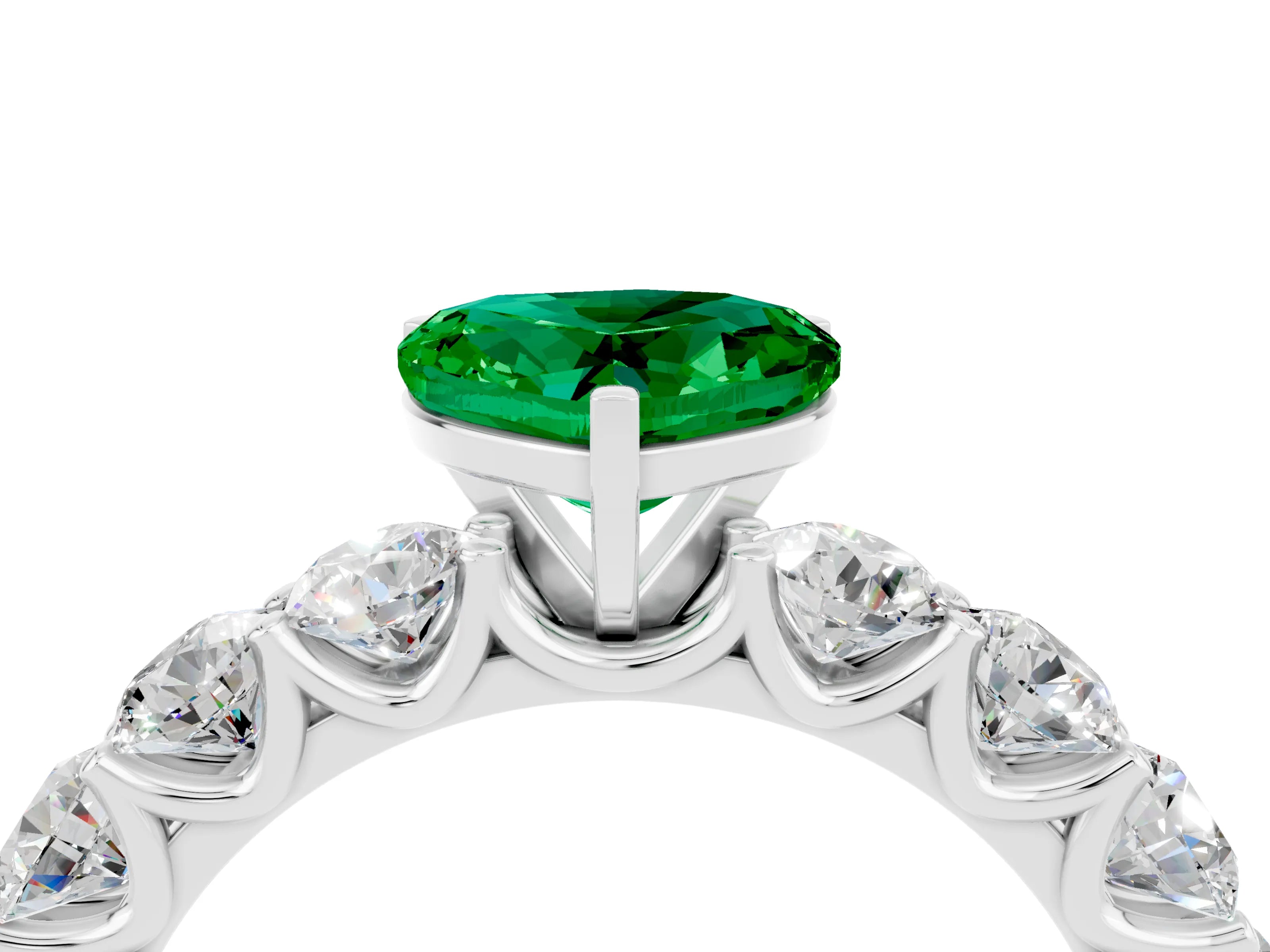 White gold Heart Cut Emerald Prong Setting with Side Stones on a Pave Band_4