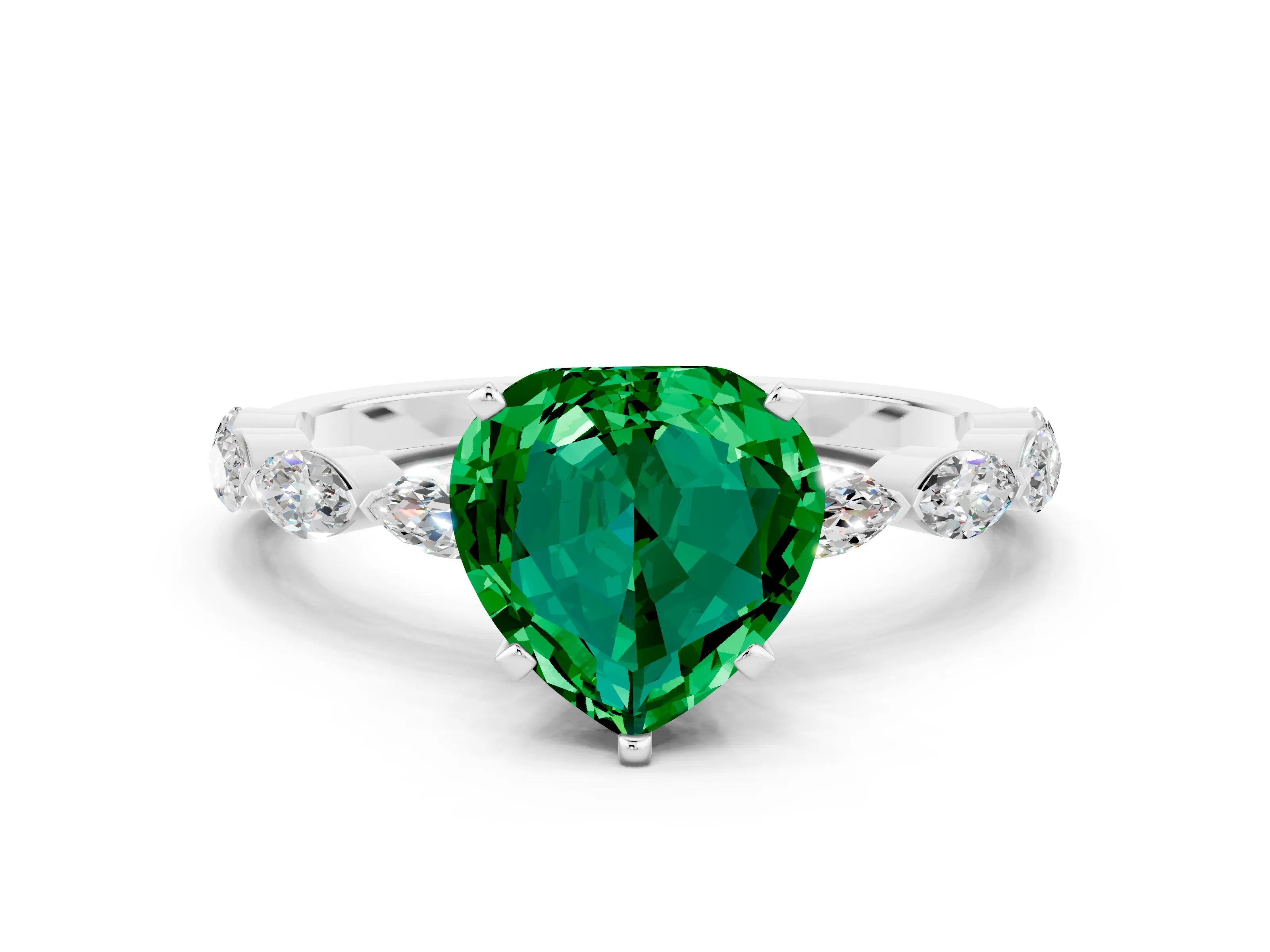 White gold Heart Cut Emerald Ring with Marquise Side Stones and Prong Setting