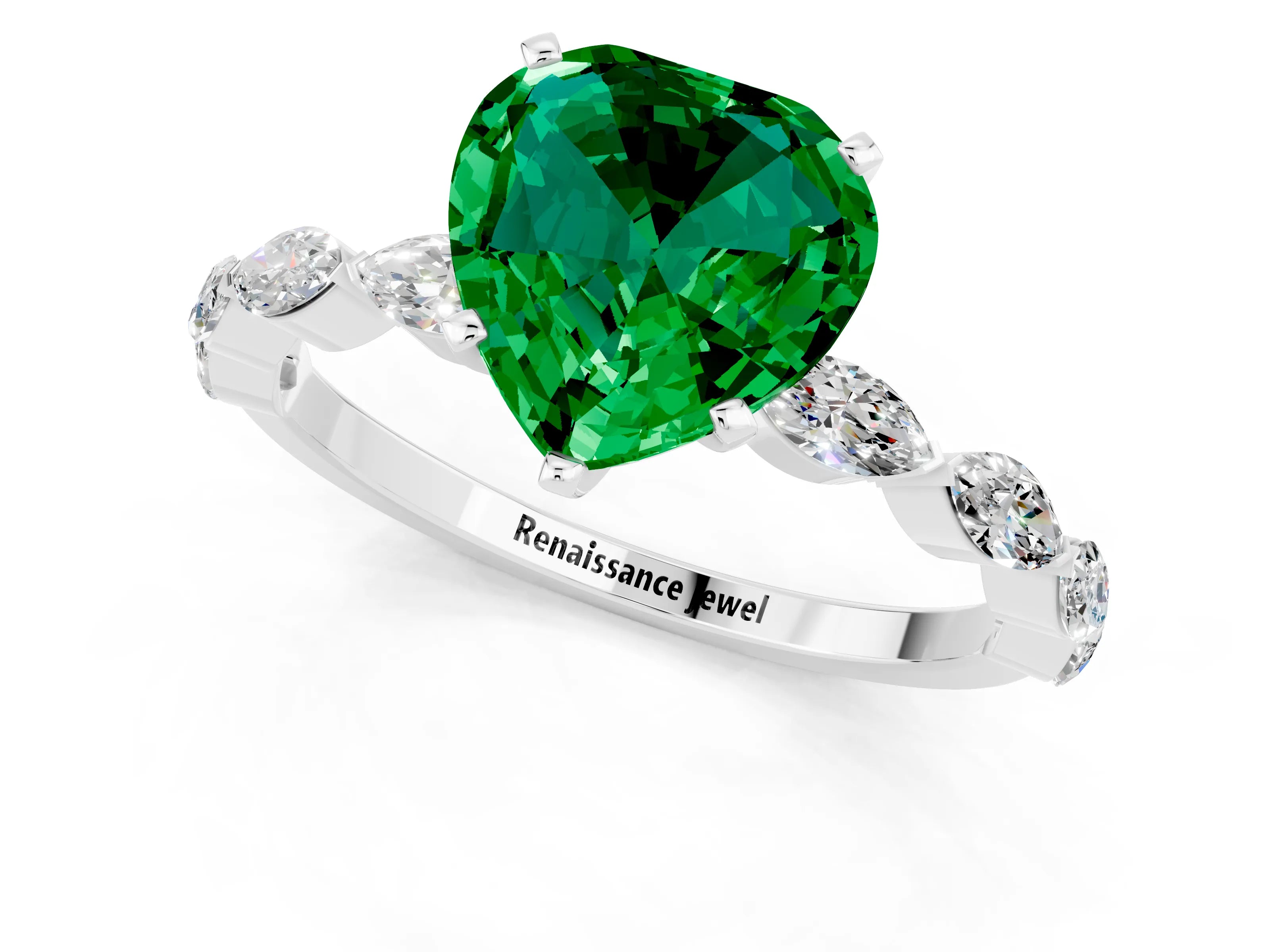 White gold Heart Cut Emerald Ring with Marquise Side Stones and Prong Setting_1