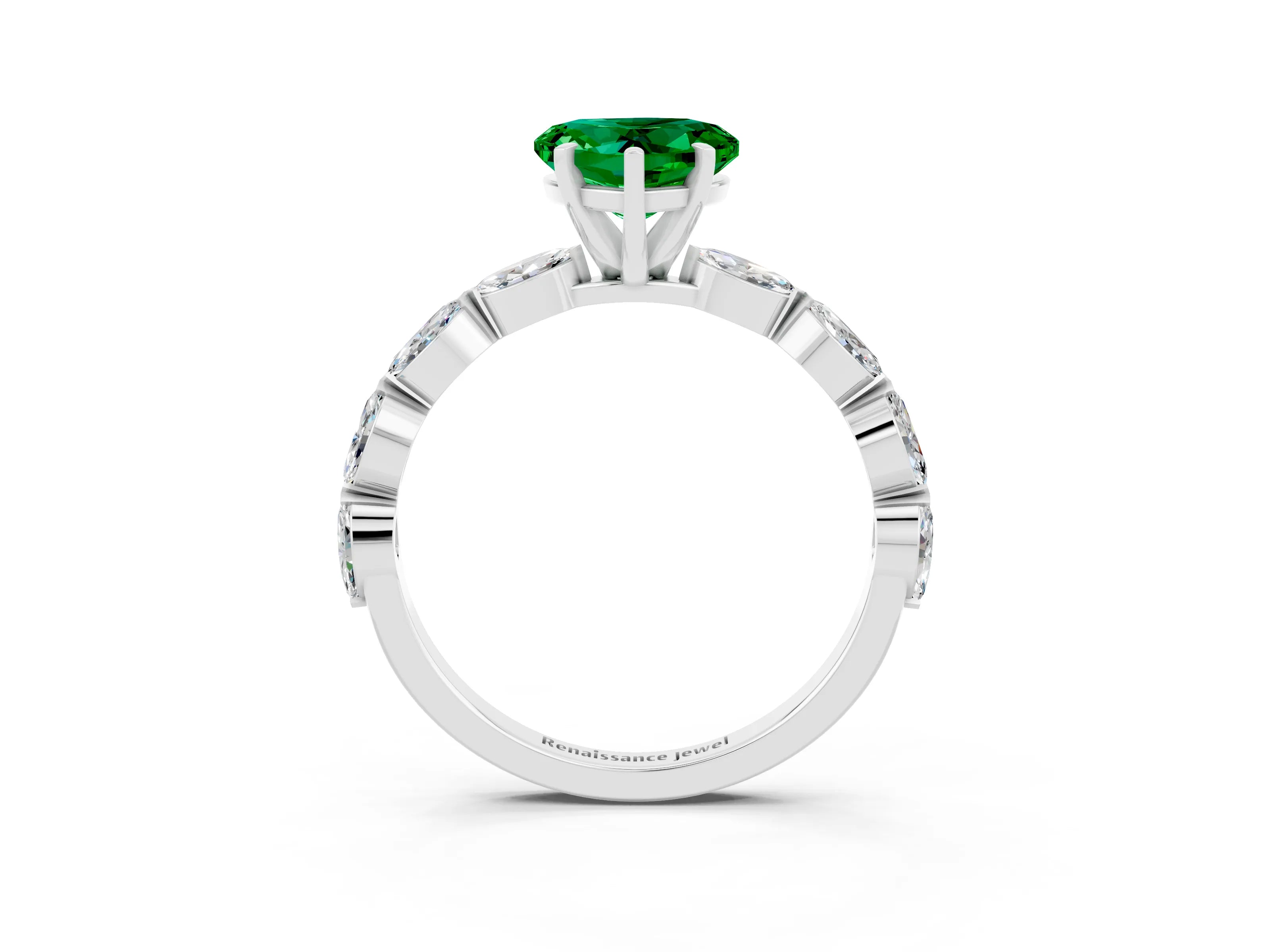 White gold Heart Cut Emerald Ring with Marquise Side Stones and Prong Setting_3