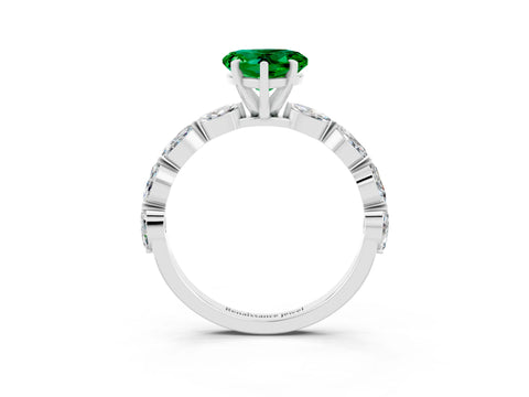 White gold Heart Cut Emerald Ring with Marquise Side Stones and Prong Setting_3