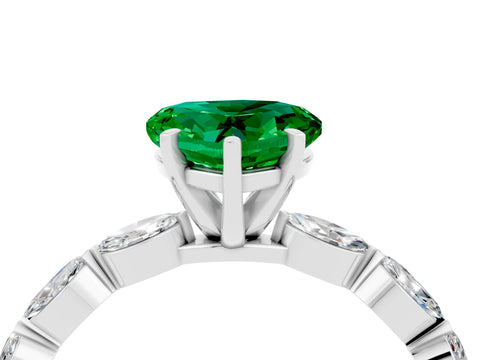 White gold Heart Cut Emerald Ring with Marquise Side Stones and Prong Setting_4
