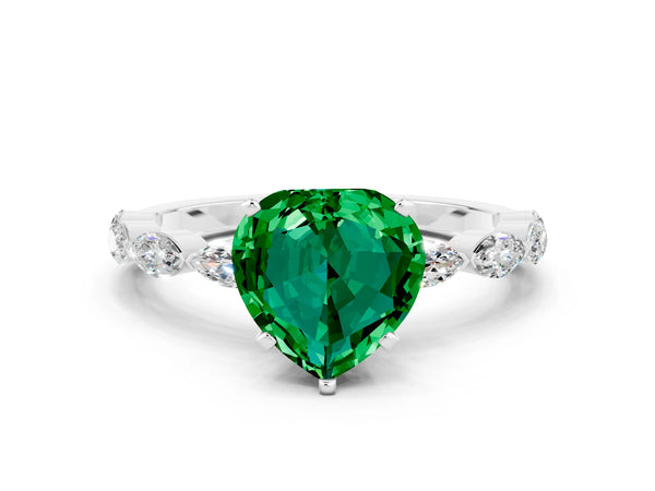 Silver Heart Cut Emerald Ring with Marquise Side Stones and Prong Setting