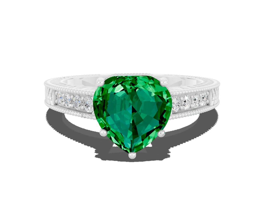 White gold Heart Cut Emerald Ring with Milgrain Pavé Band and Four-Prong Setting_12