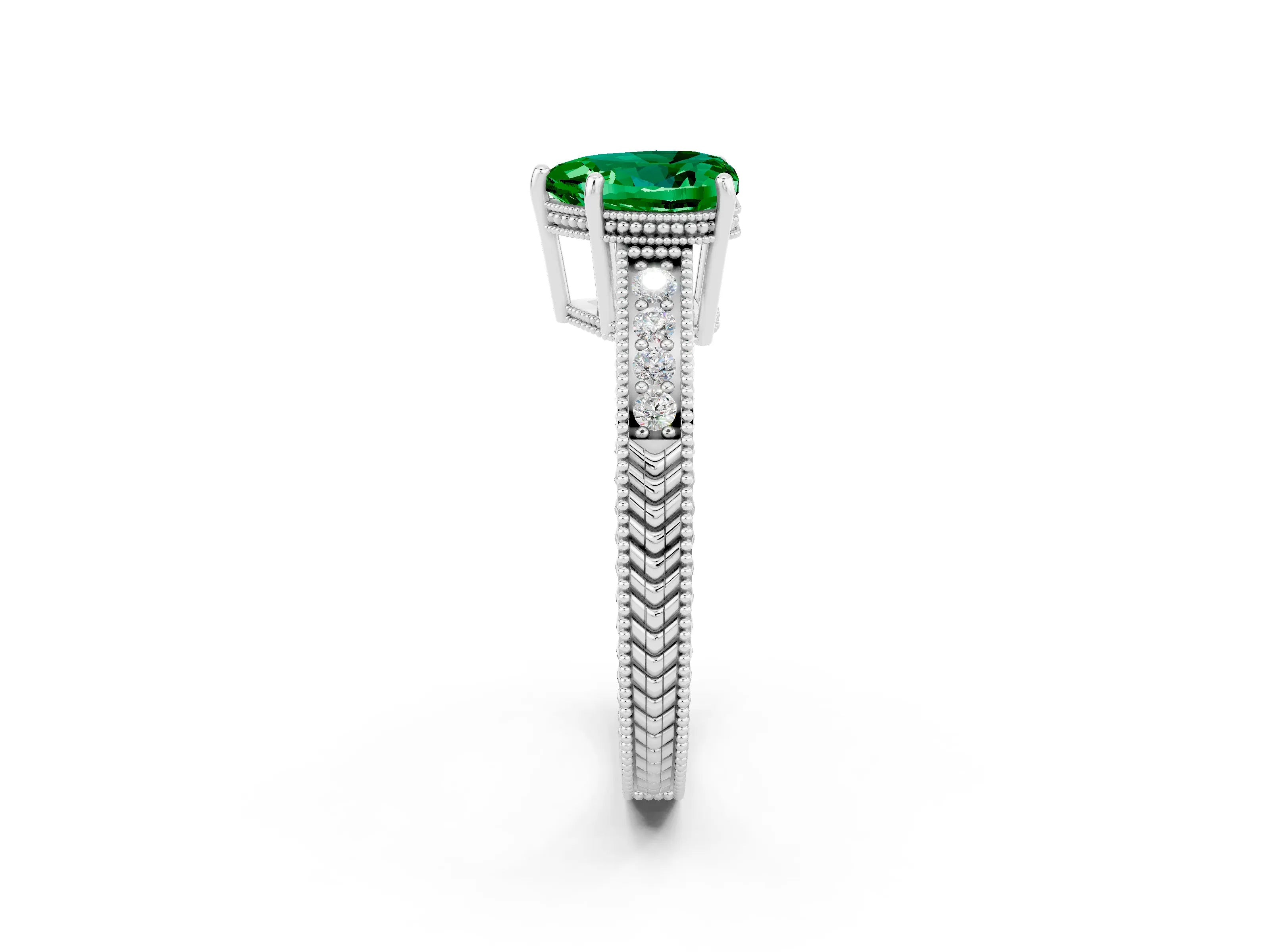White gold Heart Cut Emerald Ring with Milgrain Pavé Band and Four-Prong Setting_14