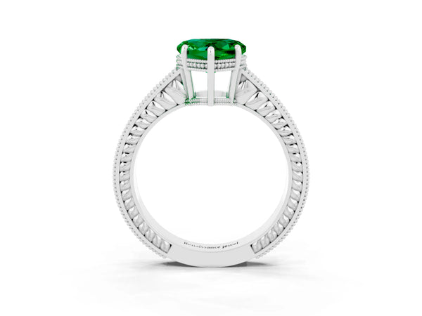 Platinum Heart Cut Emerald Ring with Milgrain Pavé Band and Four-Prong Setting