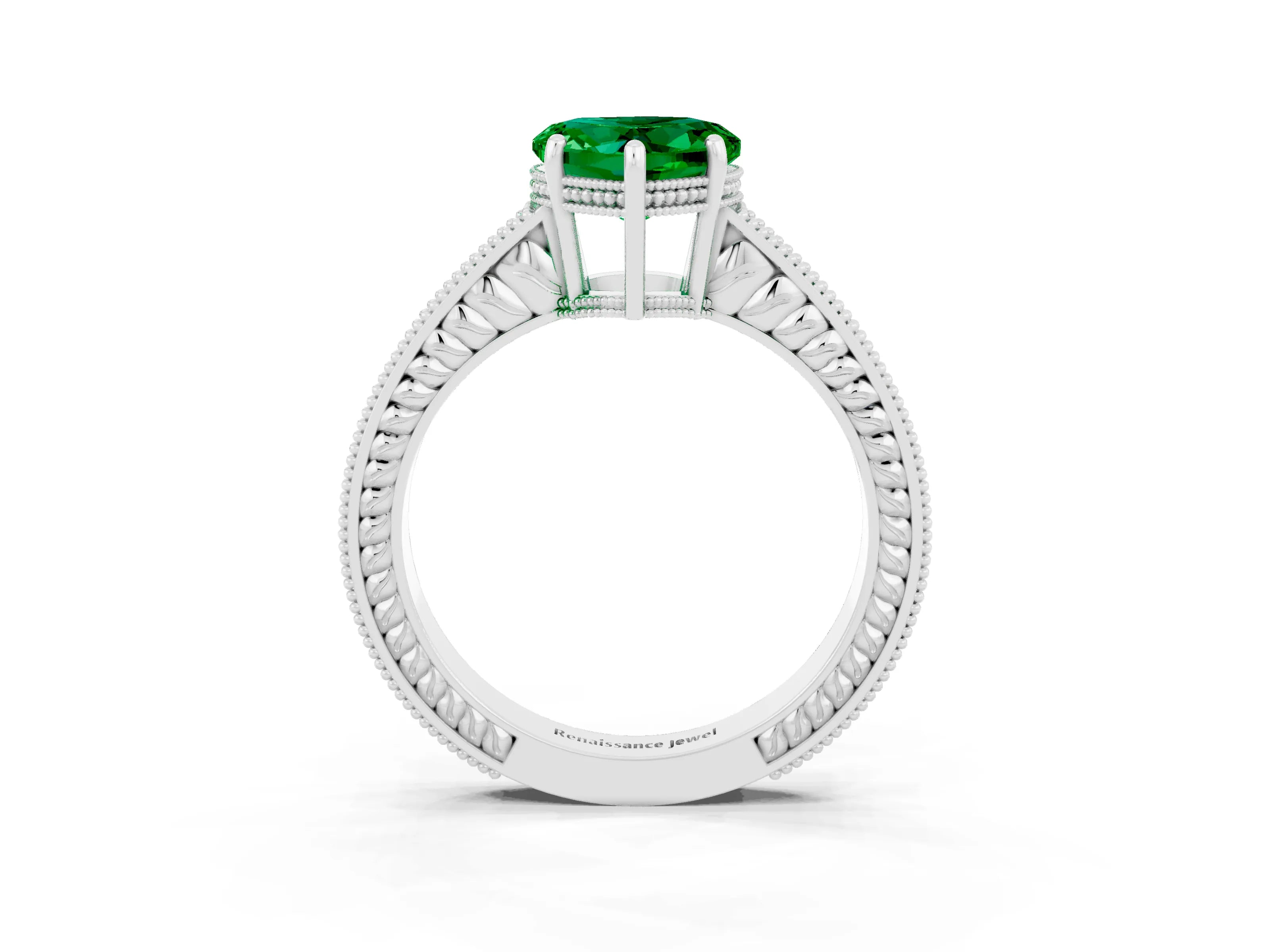 White gold Heart Cut Emerald Ring with Milgrain Pavé Band and Four-Prong Setting_15