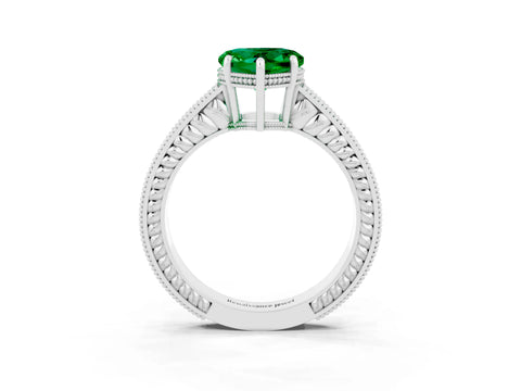 White gold Heart Cut Emerald Ring with Milgrain Pavé Band and Four-Prong Setting_15