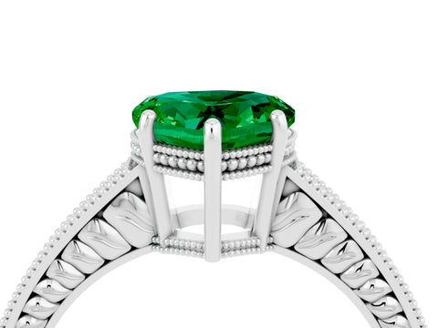 White gold Heart Cut Emerald Ring with Milgrain Pavé Band and Four-Prong Setting_16