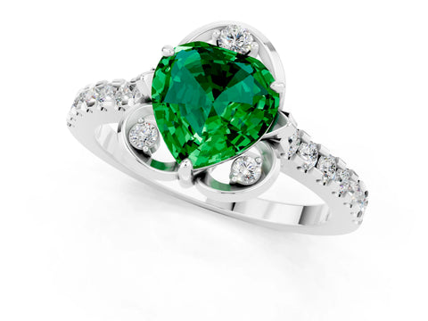 White gold Heart Cut Emerald Ring with Pavé Band and Floral Prong Setting_1