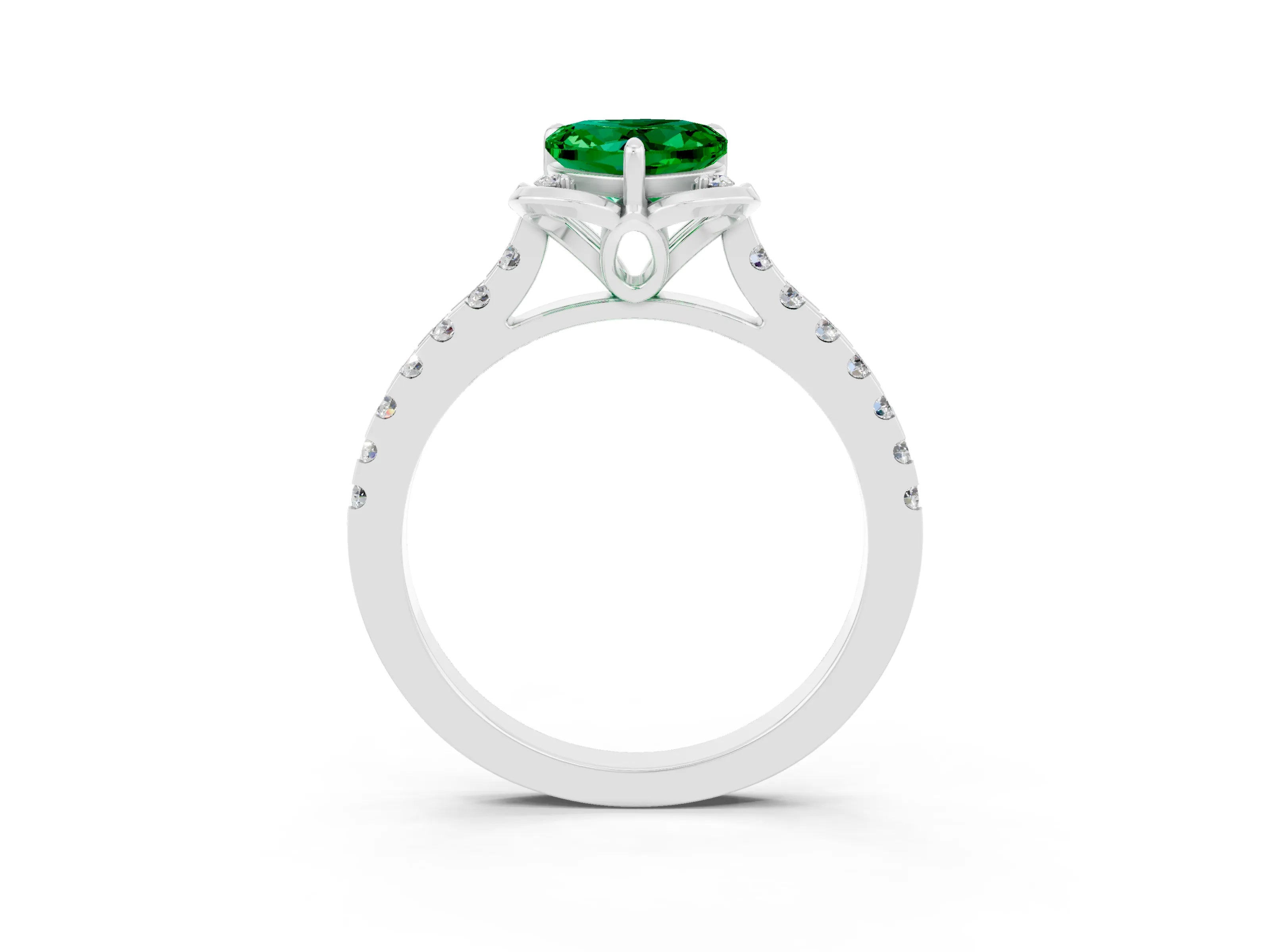White gold Heart Cut Emerald Ring with Pavé Band and Floral Prong Setting_3