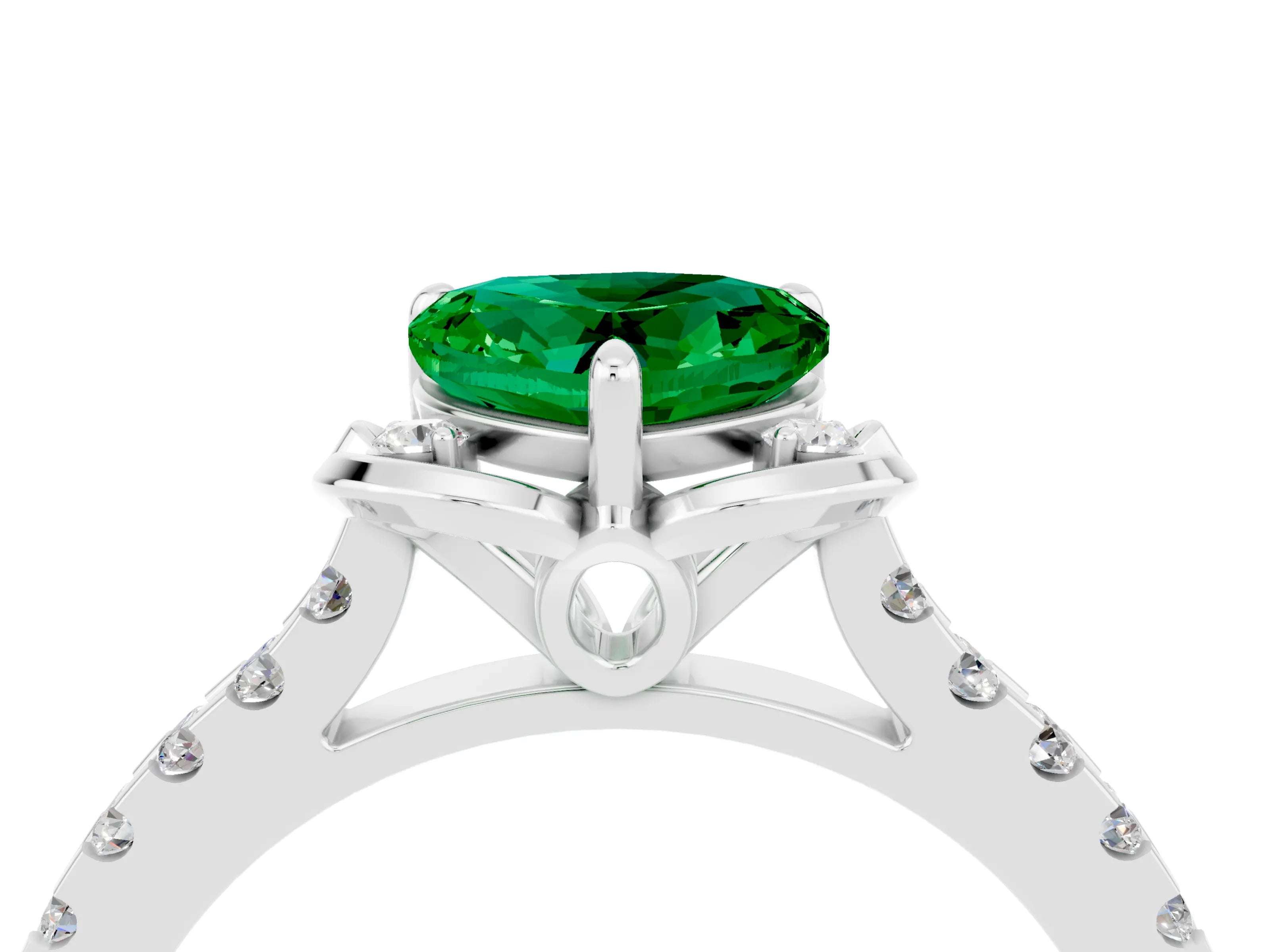 White gold Heart Cut Emerald Ring with Pavé Band and Floral Prong Setting_4