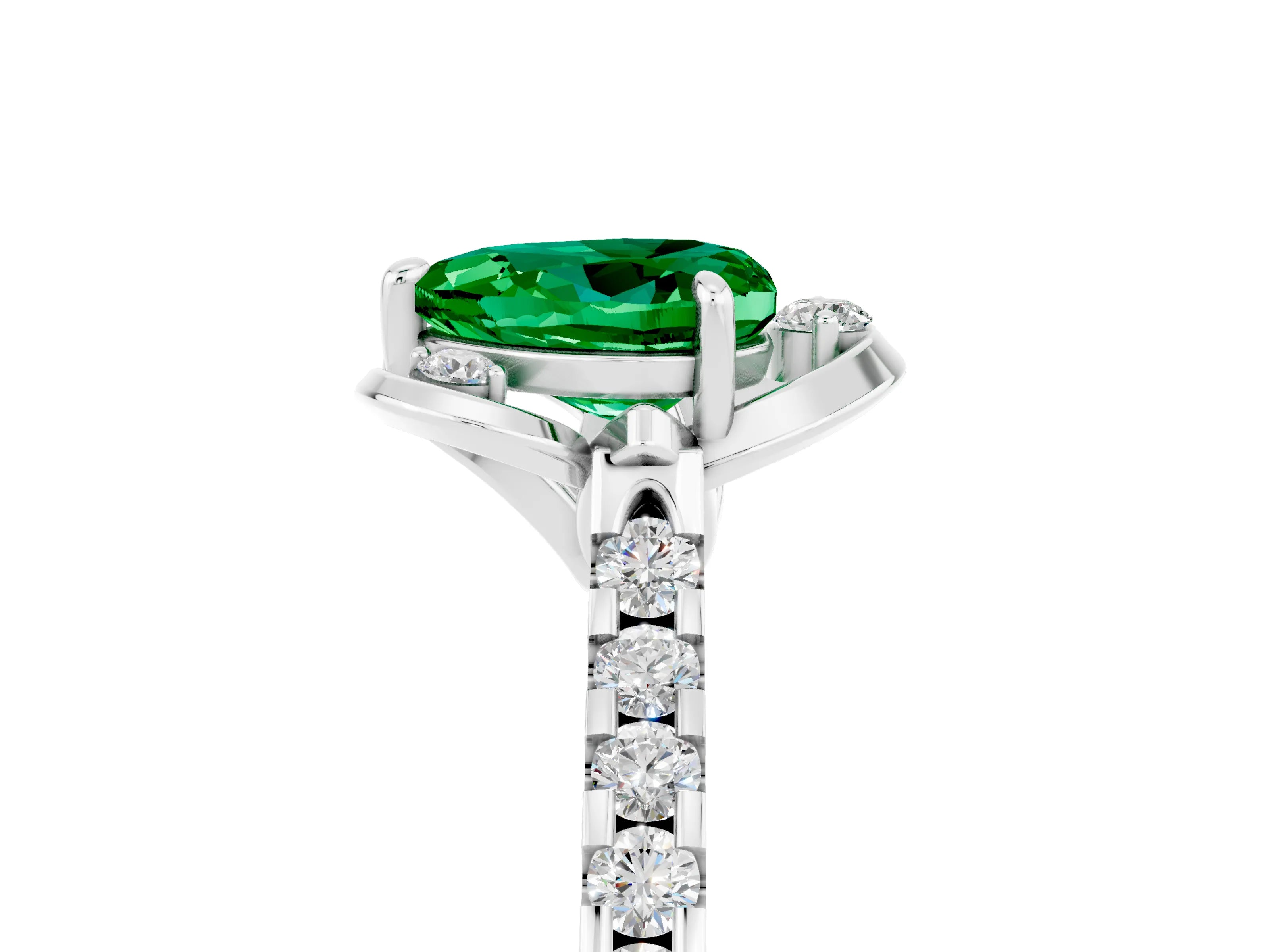 White gold Heart Cut Emerald Ring with Pavé Band and Floral Prong Setting_5