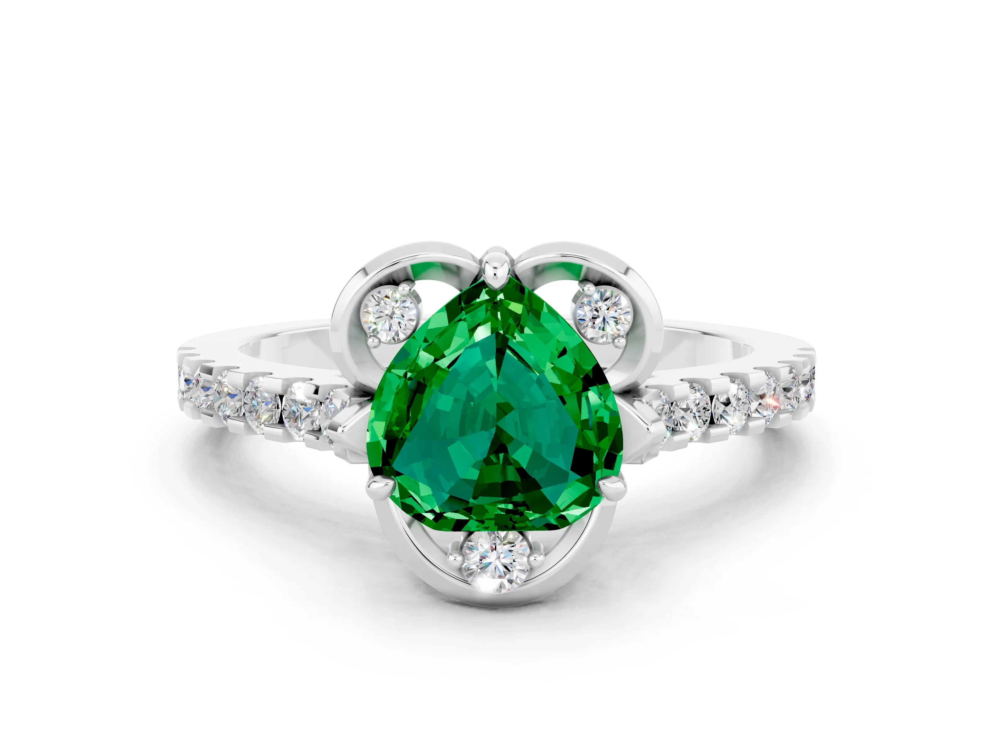 White gold Heart Cut Emerald Ring with Pavé Band and Floral Prong Setting