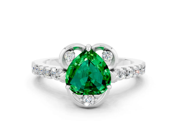 Silver Heart Cut Emerald Ring with Pavé Band and Floral Prong Setting