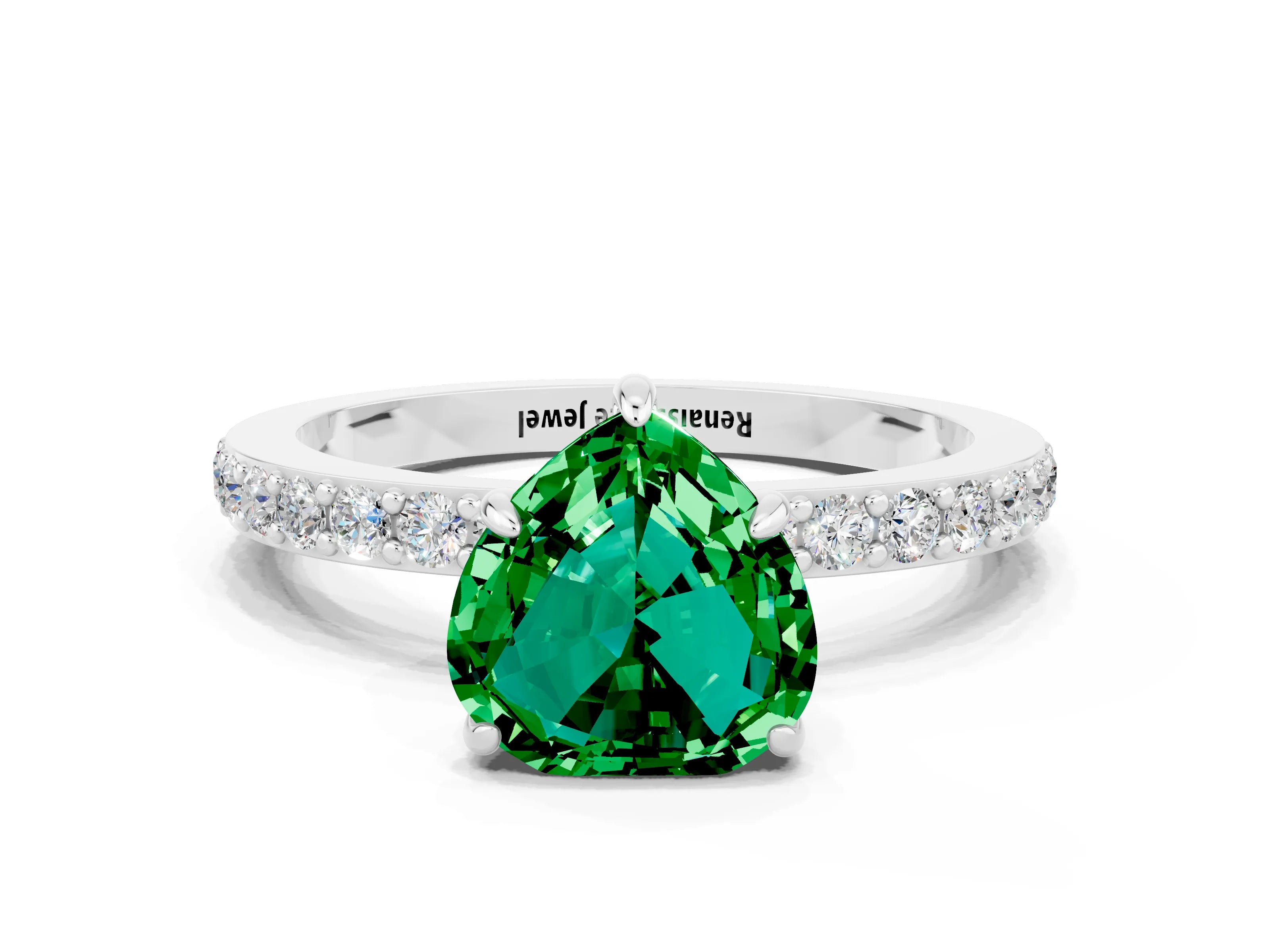 White gold Heart Cut Emerald Ring with Pavé Band and Four-Prong Setting
