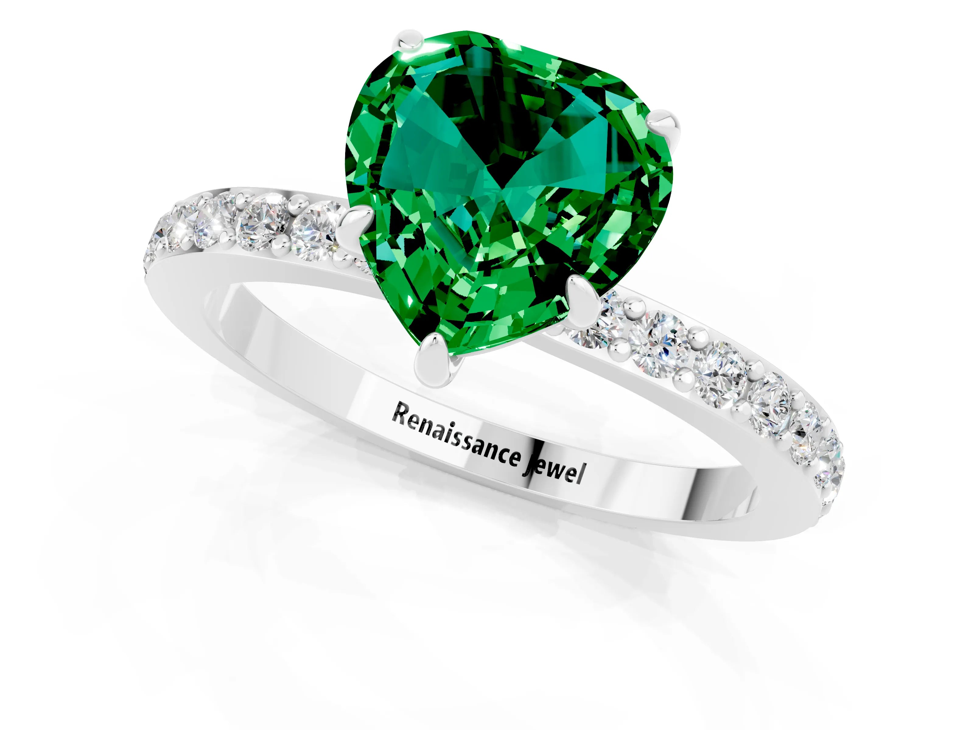 White gold Heart Cut Emerald Ring with Pavé Band and Four-Prong Setting_1