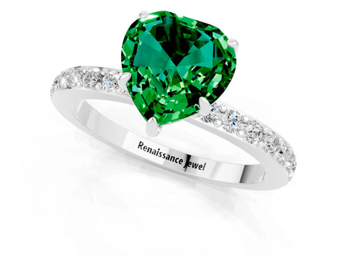White gold Heart Cut Emerald Ring with Pavé Band and Four-Prong Setting_1