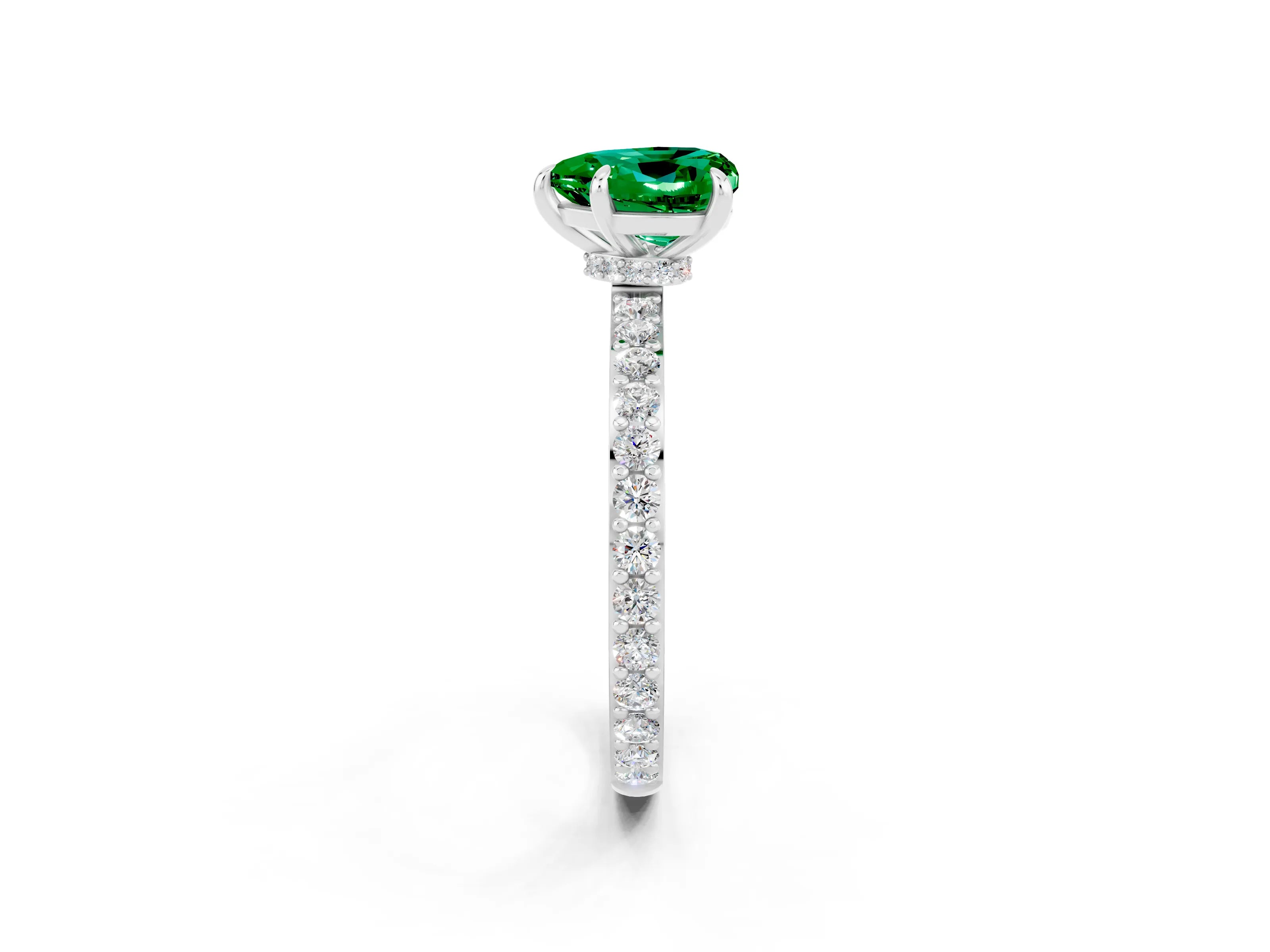 White gold Heart Cut Emerald Ring with Pavé Band and Four-Prong Setting_2
