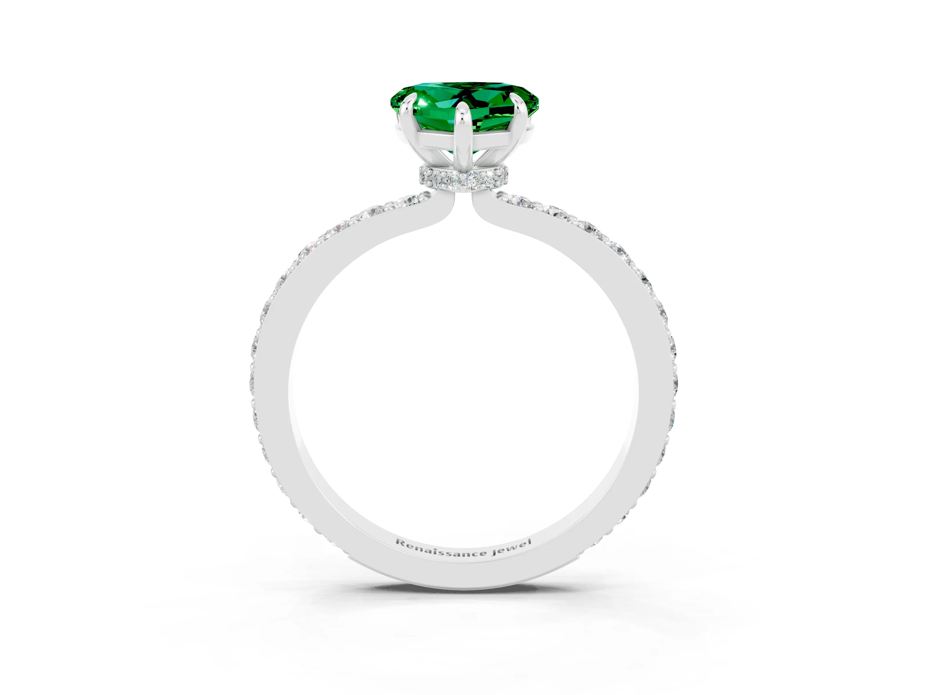 White gold Heart Cut Emerald Ring with Pavé Band and Four-Prong Setting_3