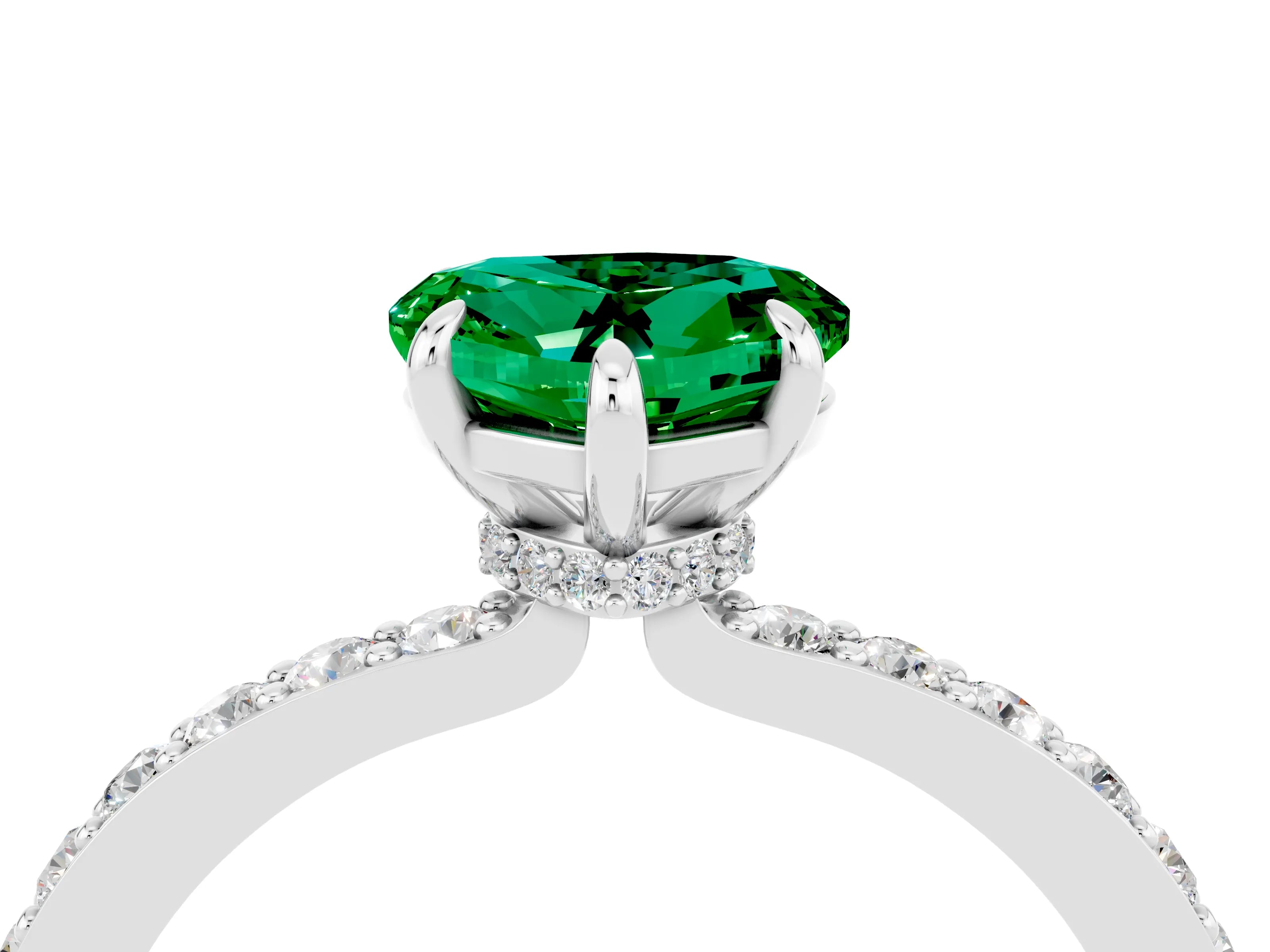 White gold Heart Cut Emerald Ring with Pavé Band and Four-Prong Setting_4