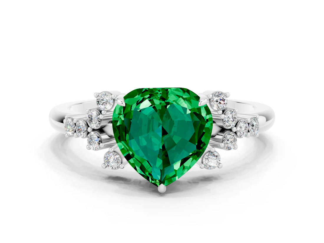 White gold Heart Cut Emerald Ring with Side Stones and Four-Prong Setting_36